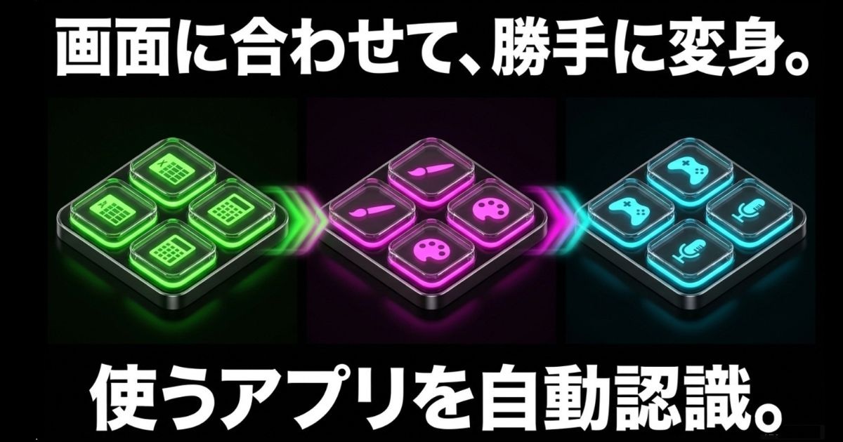 PC上で使用しているアクティブなアプリを自動で認識し、画面に合わせてストリームデックのボタン配列が切り替わる機能。