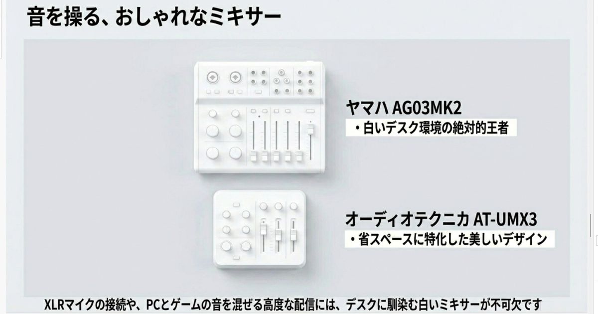 おしゃれなホワイトミキサーヤマハAG03MK2とオーディオテクニカAT-UMX3の、デスクに馴染む白いミキサーの紹介画像