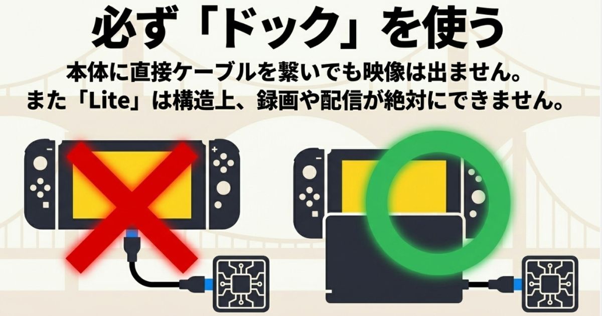 Switch本体に直接繋いでも映像は出ずドックが必要であることと、Liteは構造上録画や配信ができないことの説明