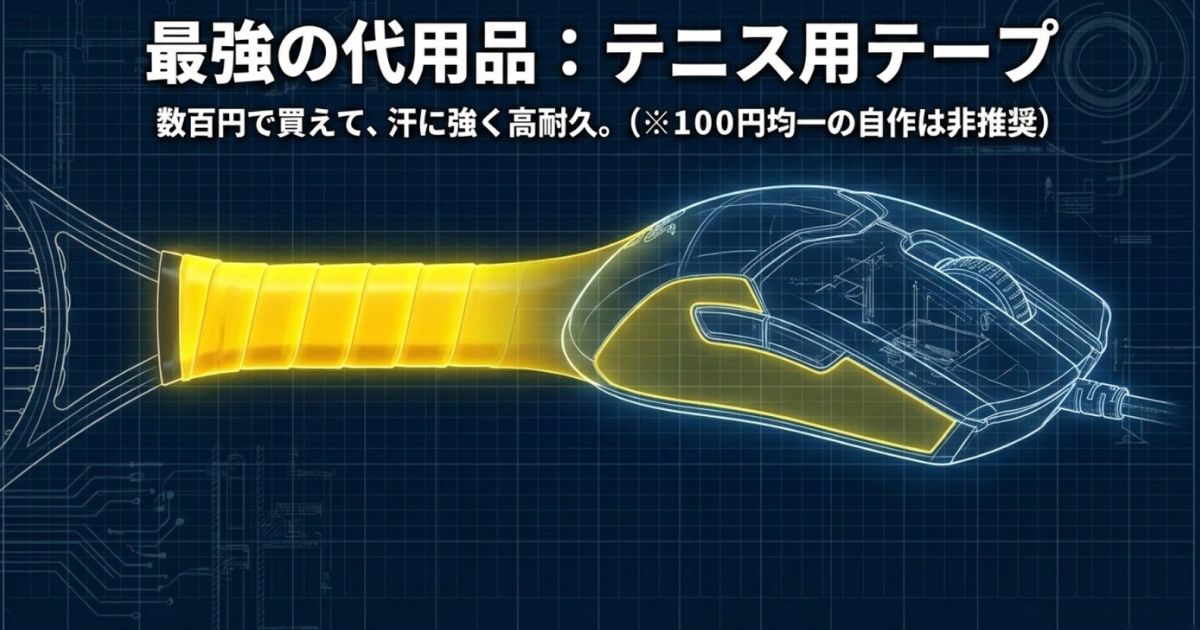 最強の代用品：テニス用テープ。数百円で買えて、汗に強く高耐久