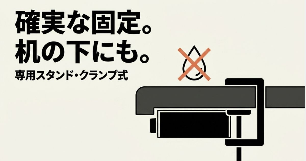 究極の死角である「デスク下」を活用し、空間の占有をゼロにするとともに水濡れ事故を未然に防ぐ配置の図。