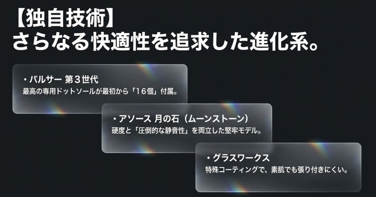 特殊コーティングや専用ソール付属など、さらなる快適性を追求した独自技術のガラス製マウスパッドを紹介するスライド