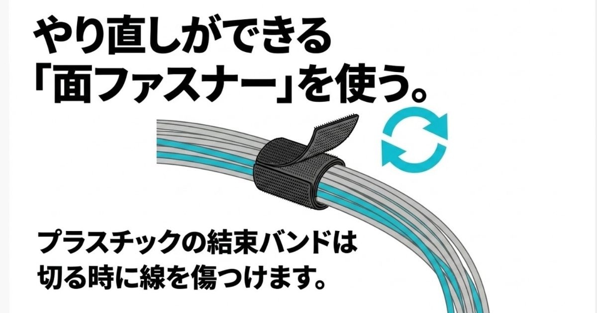 プラスチックの結束バンドは線を傷つけるため、何度でもやり直しができる面ファスナー（マジックテープ）の活用を勧めるスライド