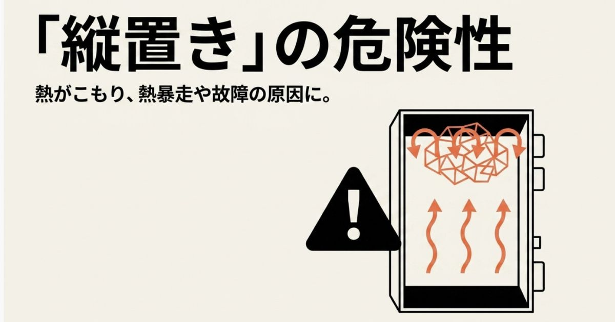 オーディオ機器の危険な縦置き配置への注意喚起。電子部品は熱に弱く、熱溜まりによる暴走と故障のリスクがあることを示す警告図。