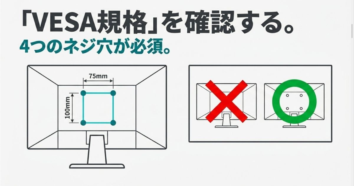 VESA規格の確認方法。モニター背面に100mmまたは75mm間隔の4つのネジ穴が必須であることを示す図解です 。