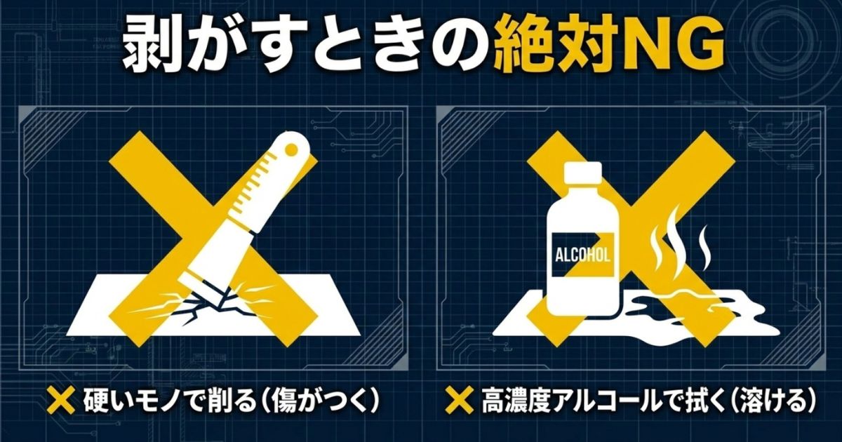 剥がすときの絶対NG。硬いモノで削ると傷がつく、高濃度アルコールで拭くと溶ける