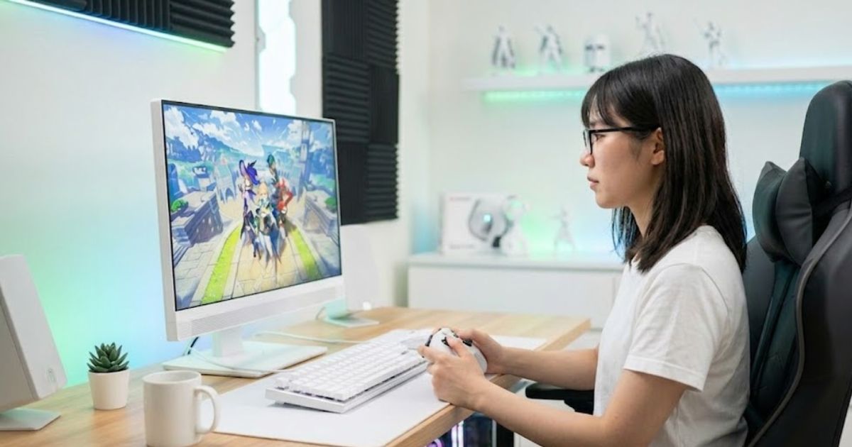 インテリアに馴染む白基調のデスク環境で、白い24インチゲーミングモニターを使いカジュアルにゲームを楽しむ日本人女性
