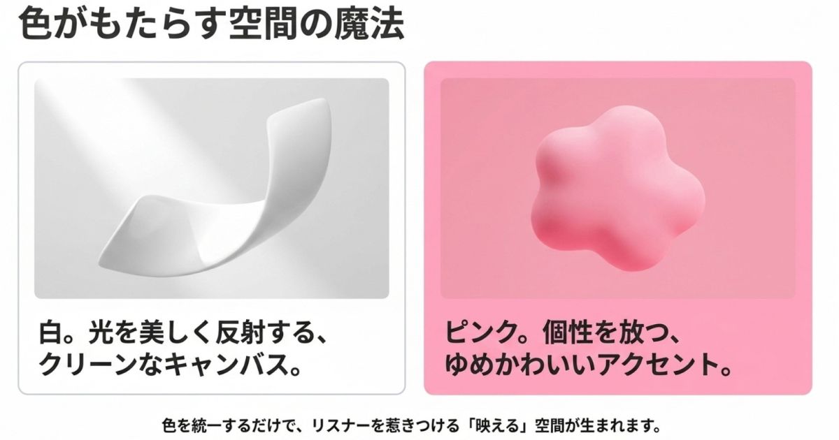 白とピンクがもたらす空間の魔法光を反射する白と、ゆめかわいいアクセントになるピンクが空間にもたらす魔法のイメージ