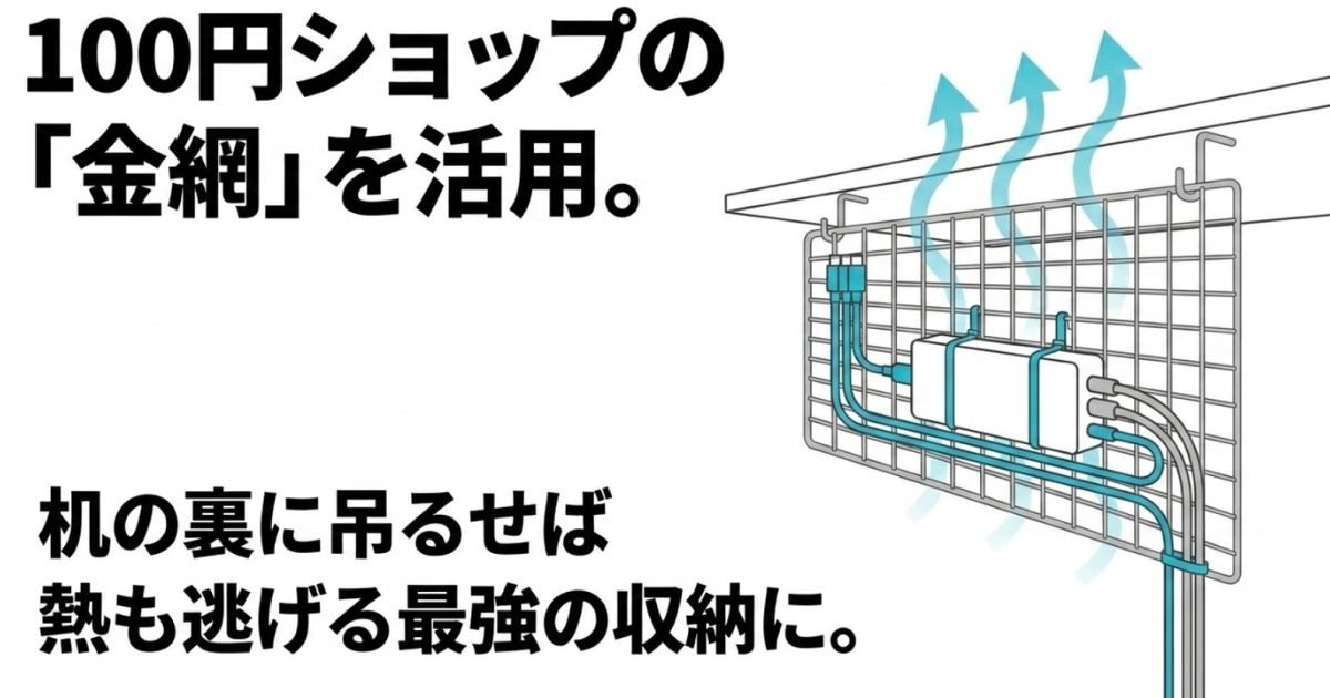 100円ショップの金網（ワイヤーネット）を机の裏に吊るし、熱も逃げる通気性の高い配線収納を作るアイデアのスライド