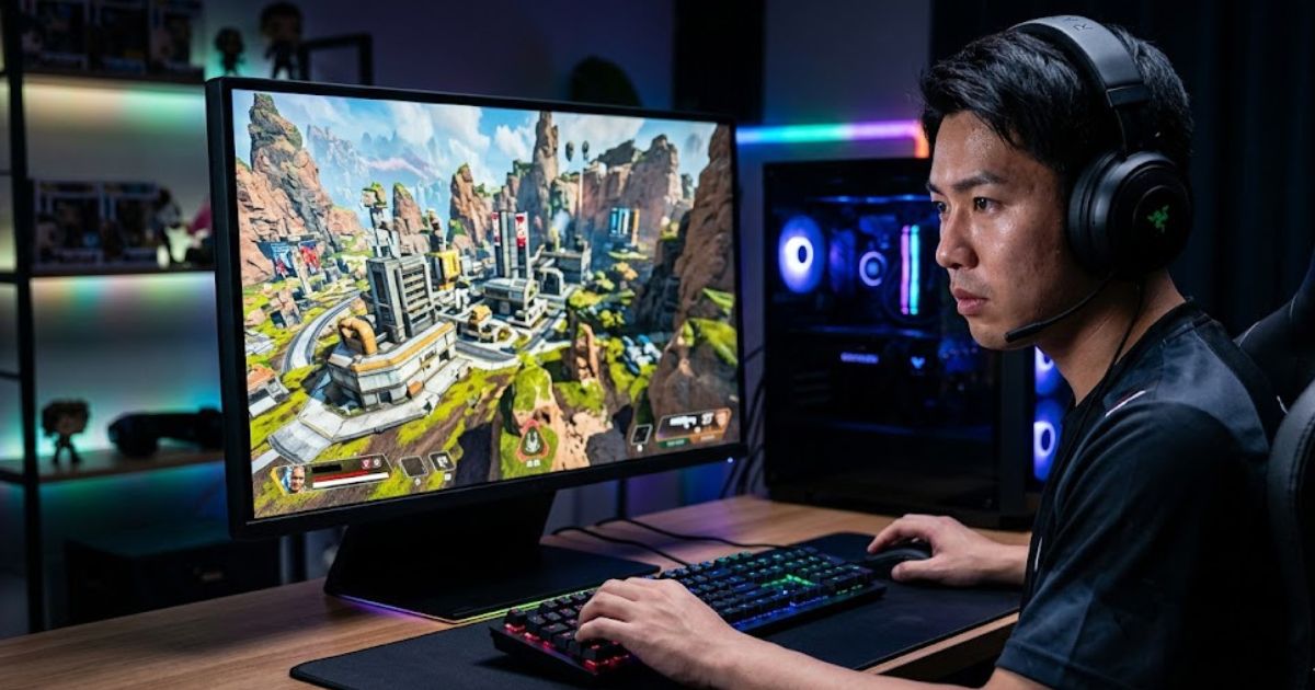 WQHDゲーミングモニターでApex Legendsを高精細な映像でプレイする日本人男性プレイヤー。