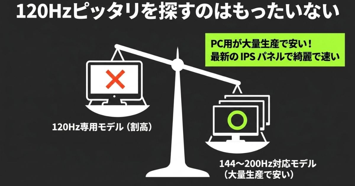 PC用として大量生産される144Hz〜200Hz対応の最新IPSパネルモニターの方が、120Hz専用モデルよりも割安であることを示す天秤の図