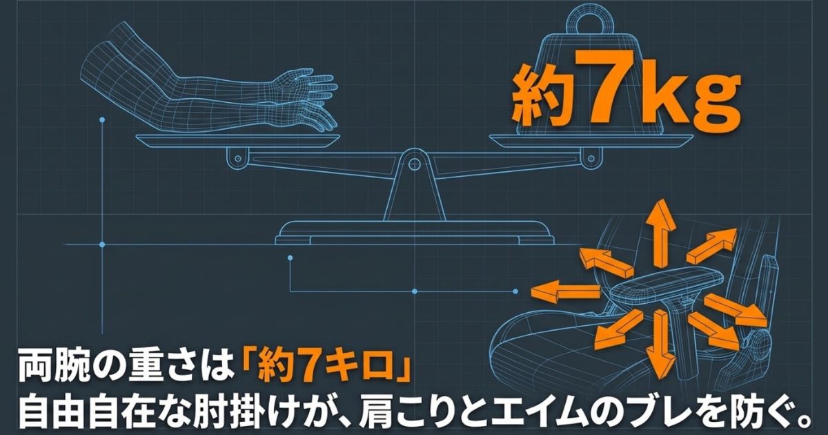両腕の重さは約7キロあり、自由自在に動くアームレストが肩こりやエイムのブレを防ぐことを解説するスライド