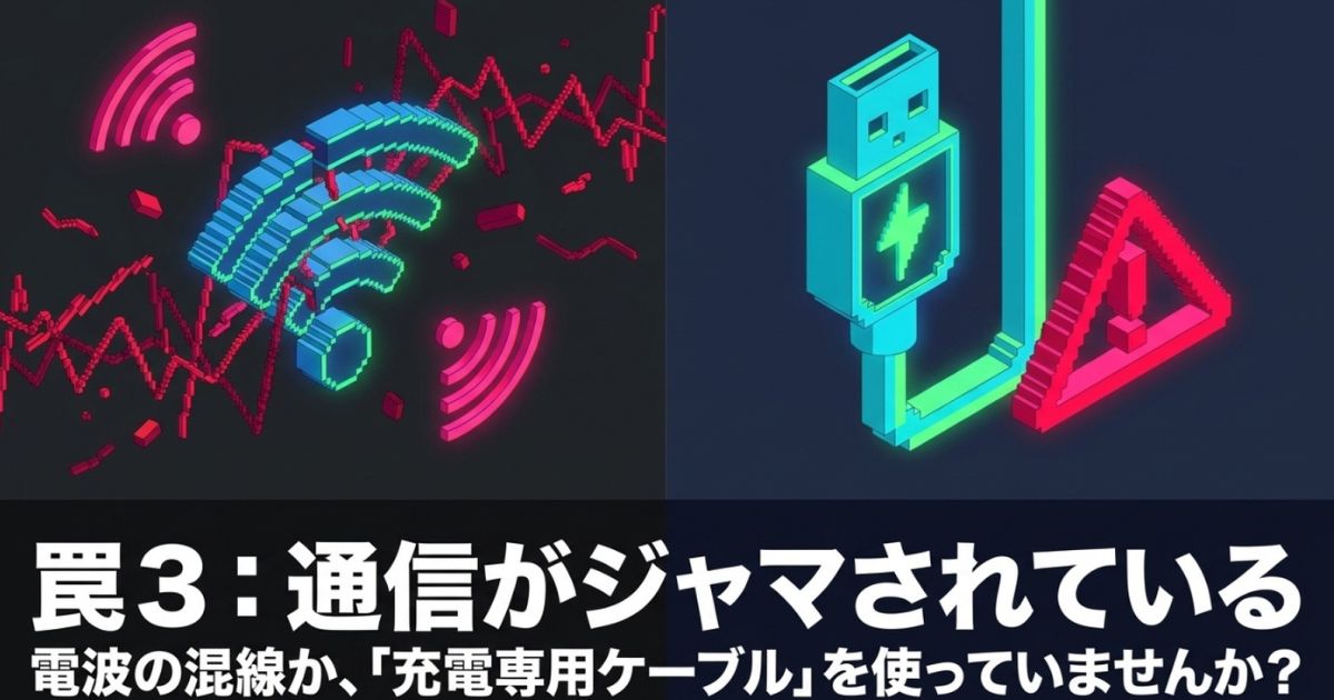 Bluetoothの電波混線や充電専用ケーブルによる通信妨害のイメージ