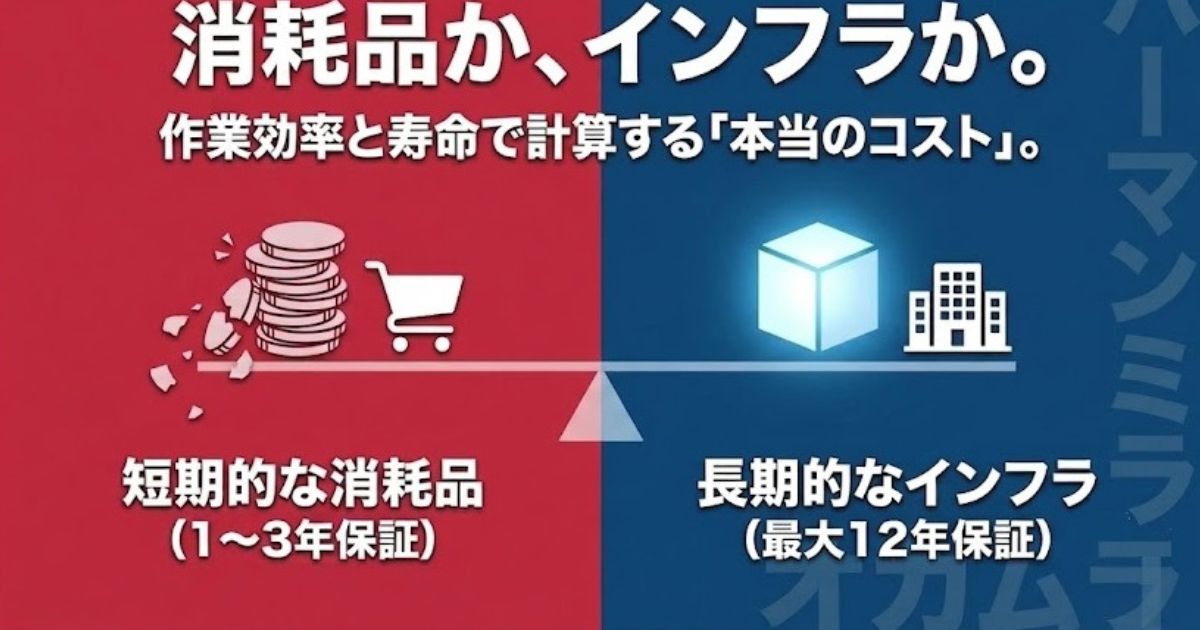 短期的な消耗品と長期的なインフラという視点で、椅子の長期的なコストパフォーマンスを比較する図