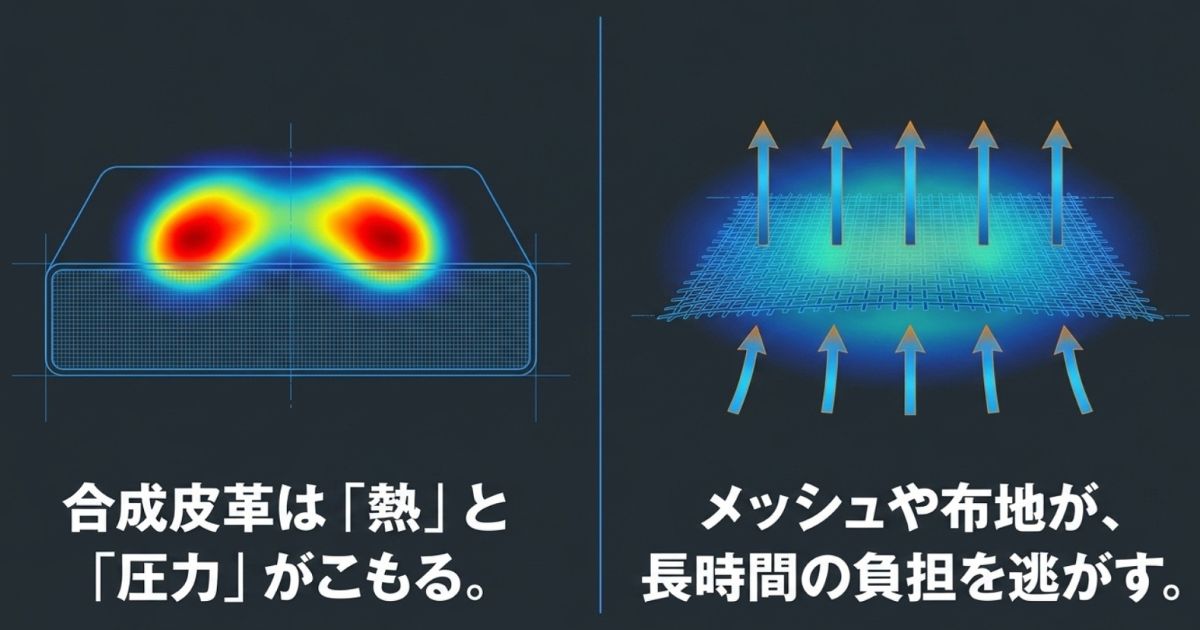 熱や圧力がこもりやすい合成皮革に対し、長時間の負担を逃がすメッシュや布地の素材特性を図解
