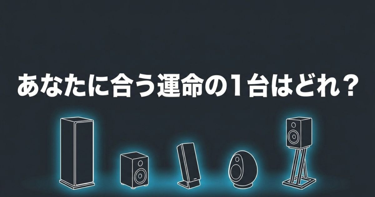 「あなたに合う運命の1台はどれ?」 というメッセージとともに並んだ5種類のPCスピーカーのシルエット。