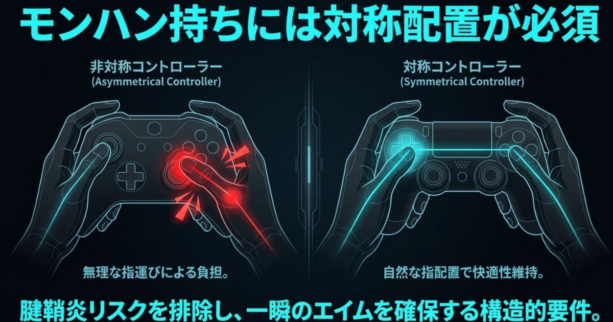 非対称コントローラーでの無理な指運びによる負担と、対称配置による自然な指配置での快適性を比較した図解