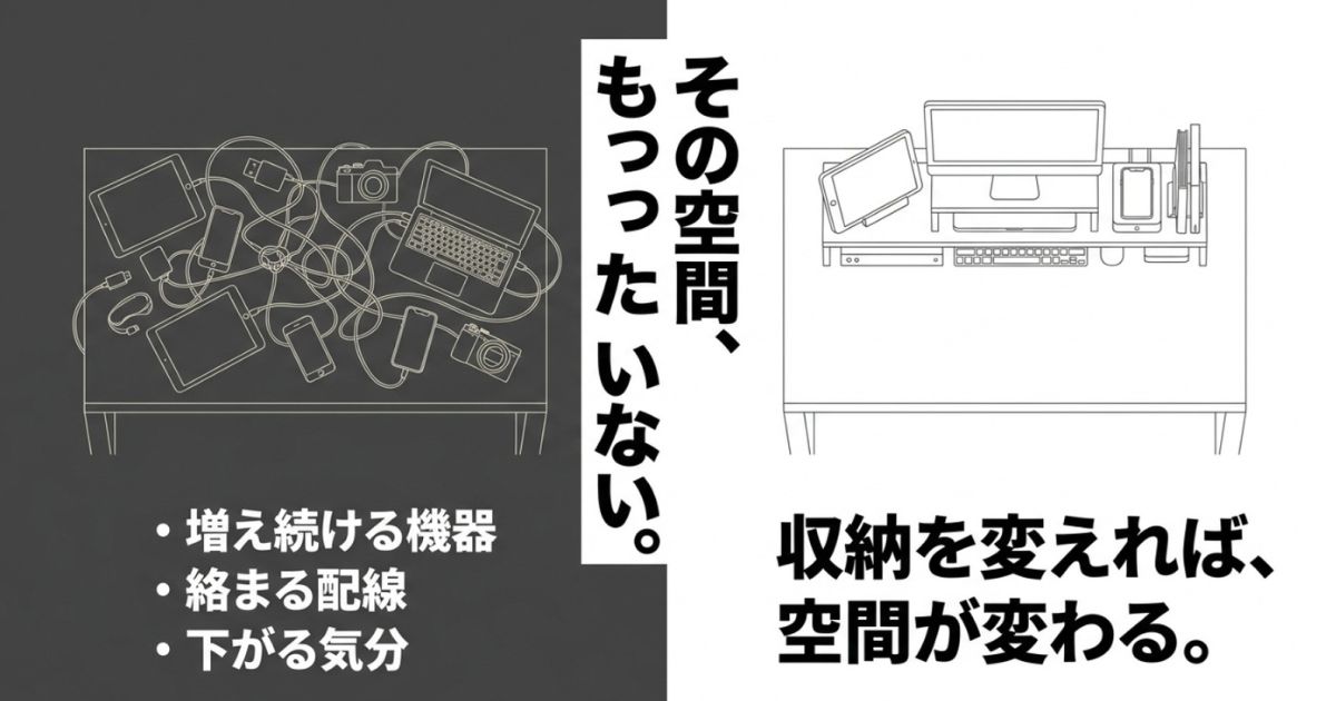 散らかったデスクと綺麗に片付いたデスクの比較イラスト、「収納を変えれば、空間が変わる」というメッセージ