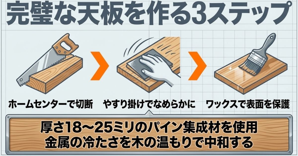 ホームセンターでの木材切断、やすり掛け、ワックス保護までの天板自作工程