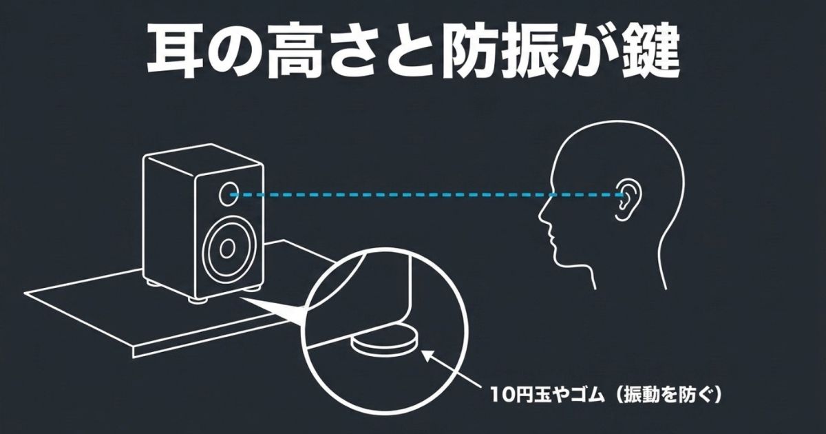 人と左右のスピーカーを結んで「黄金の正三角形を作る」配置図と、「少し内側に向ける」 というアドバイス。