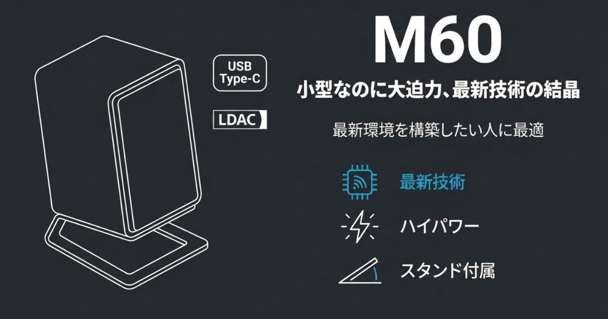 「小型なのに大迫力、最新技術の結晶」と紹介された M60 のイラスト。USB Type-C と LDAC  対応のアイコン付き。