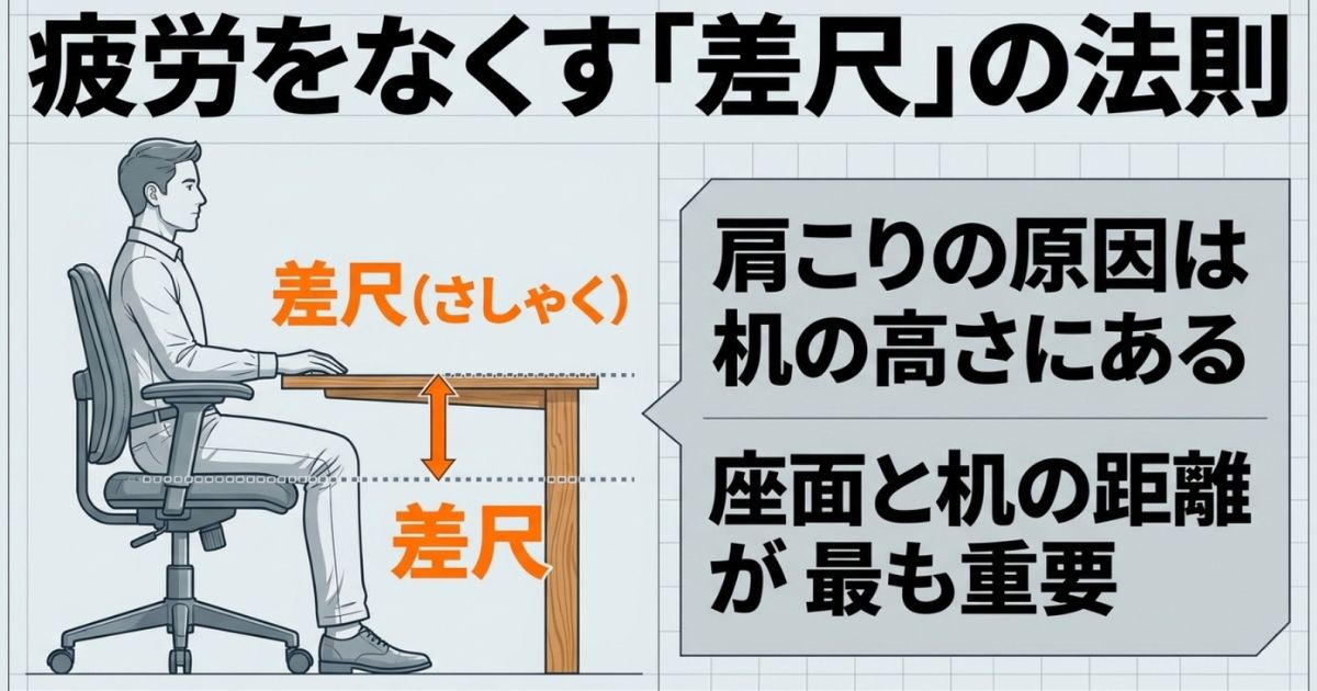 肩こりの原因となる座面と机の距離（差尺）を示す図解