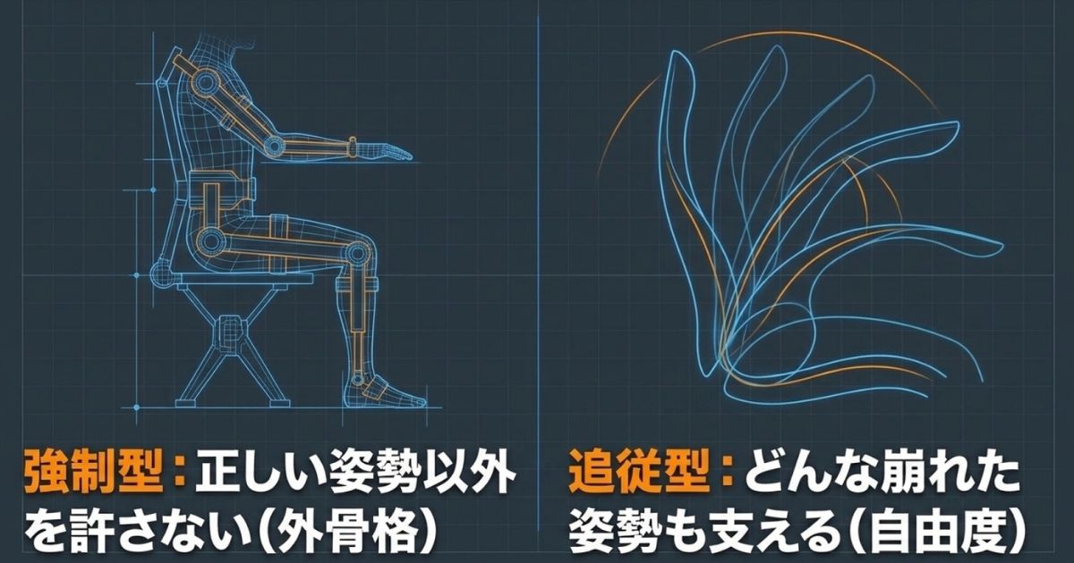  姿勢を正す強制型（外骨格）と、崩れた姿勢にも追従する自由度型のアプローチの違い
