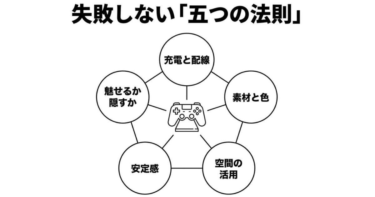 失敗しない五つの法則（充電と配線、素材と色、空間の活用、安定感、魅せるか隠すか）を示した図解
