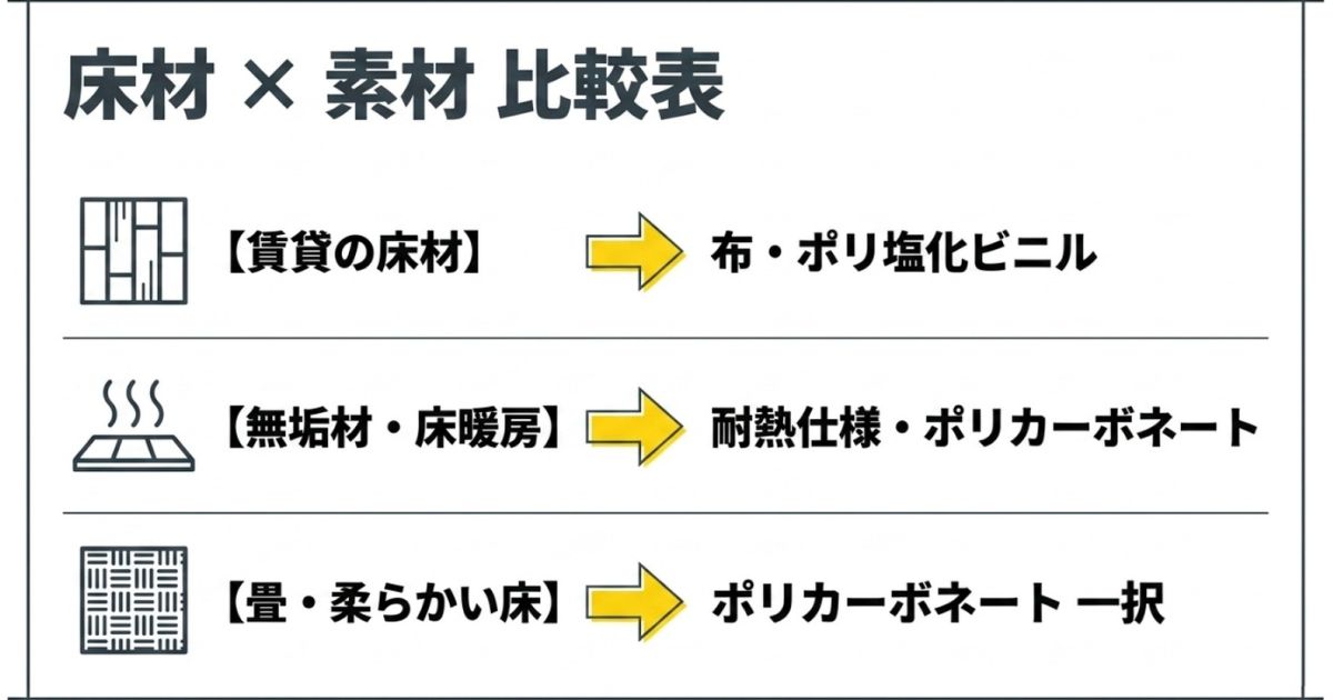 賃貸、無垢材、畳など、今の床材に合わせて最適なマット素材を選ぶための比較早見表