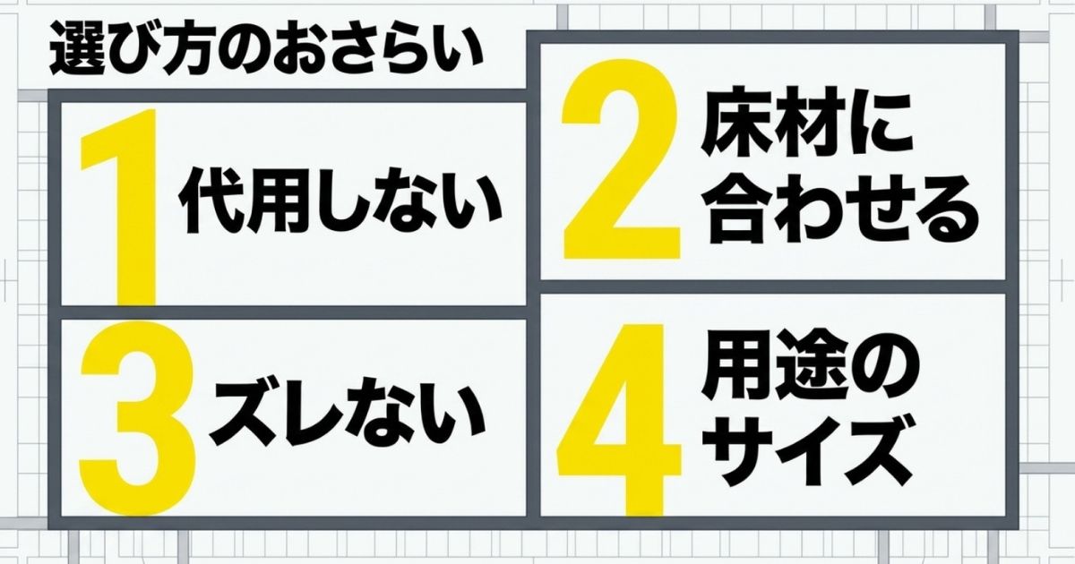 ゲーミングチェアマット選び方のおさらい。1代用しない、2床材に合わせる、3ズレない、4用途のサイズの4つのポイント。