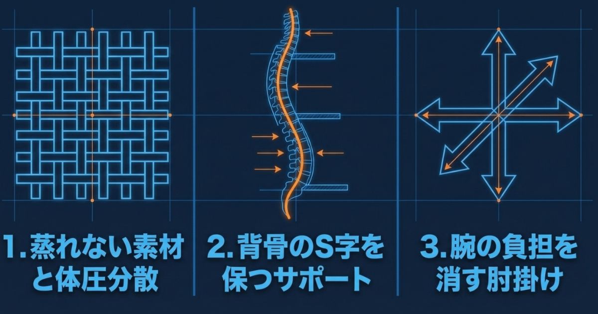 蒸れない素材、背骨のS字サポート、腕の負担を減らす肘掛けという、良い椅子の3つの重要ポイント