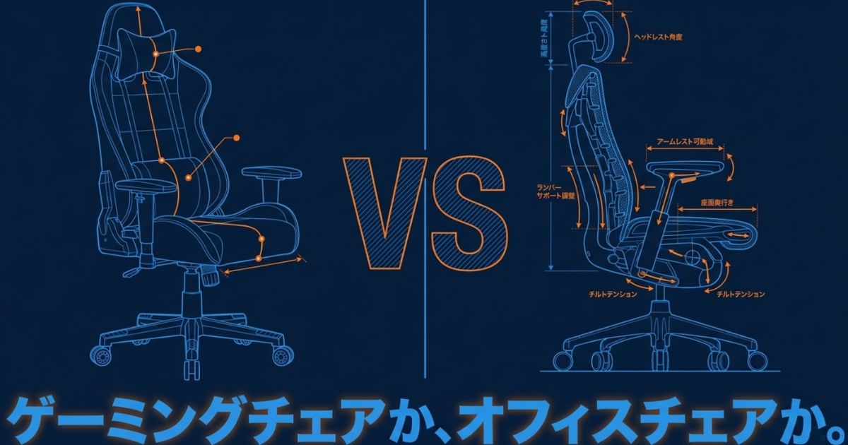 ゲーミングチェアかオフィスチェアか、それぞれのメリットを比較するスライド