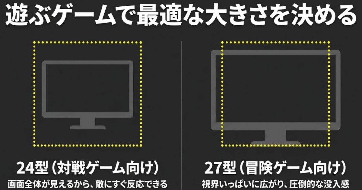 遊ぶゲームのジャンルに合わせて、画面全体が見える24型と圧倒的な没入感がある27型の最適なモニターサイズを選ぶポイントを解説した図画像