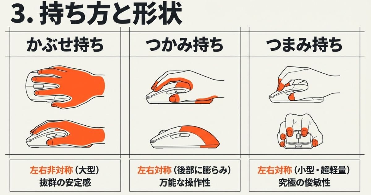 かぶせ持ち（左右非対称）、つかみ持ち（左右対称・後部に膨らみ）、つまみ持ち（左右対称・小型・超軽量）という3つのグリップスタイルと操作性の特徴