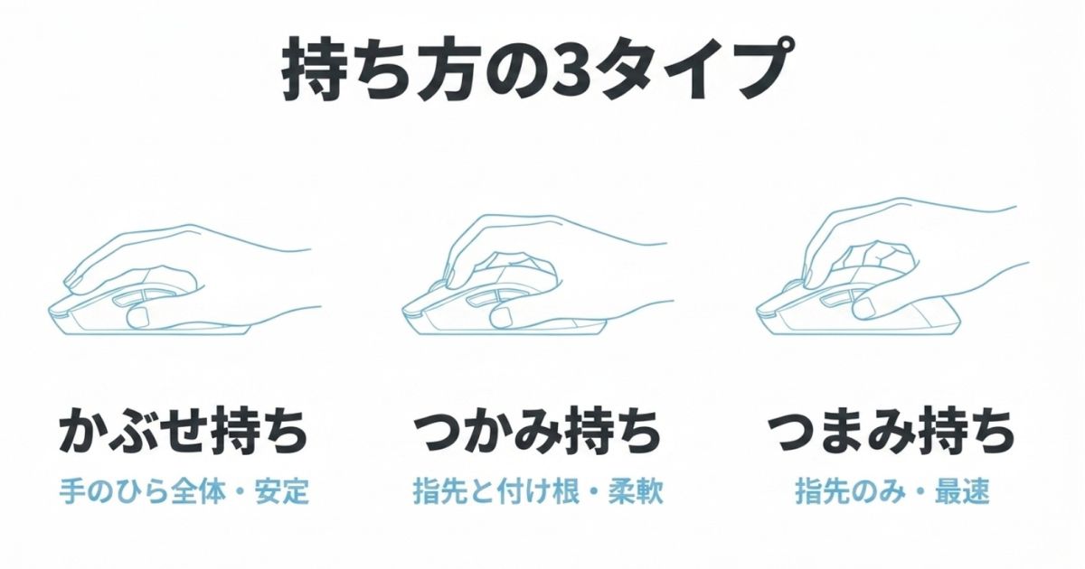 マウスの持ち方である「かぶせ持ち」「つかみ持ち」「つまみ持ち」の3タイプを図解したスライド。