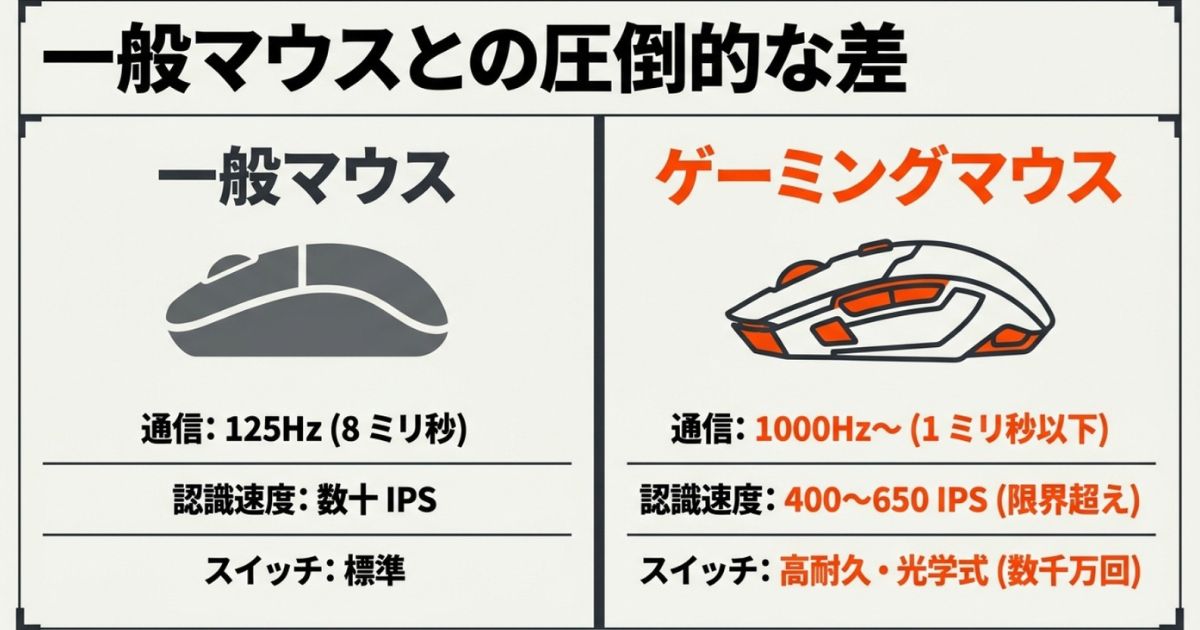 一般マウスとゲーミングマウスにおける、通信速度（125Hz対1000Hz〜）、認識速度、スイッチ耐久性の圧倒的な差を比較した表