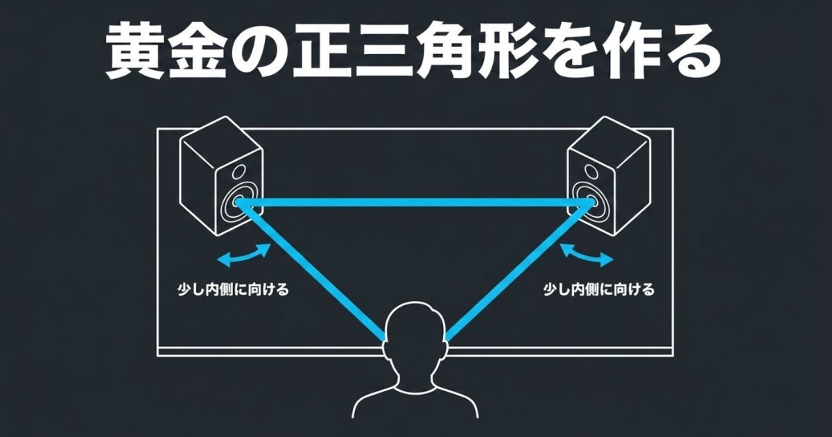 人と左右のスピーカーを結んで「黄金の正三角形を作る」配置図と、「少し内側に向ける」 というアドバイス。