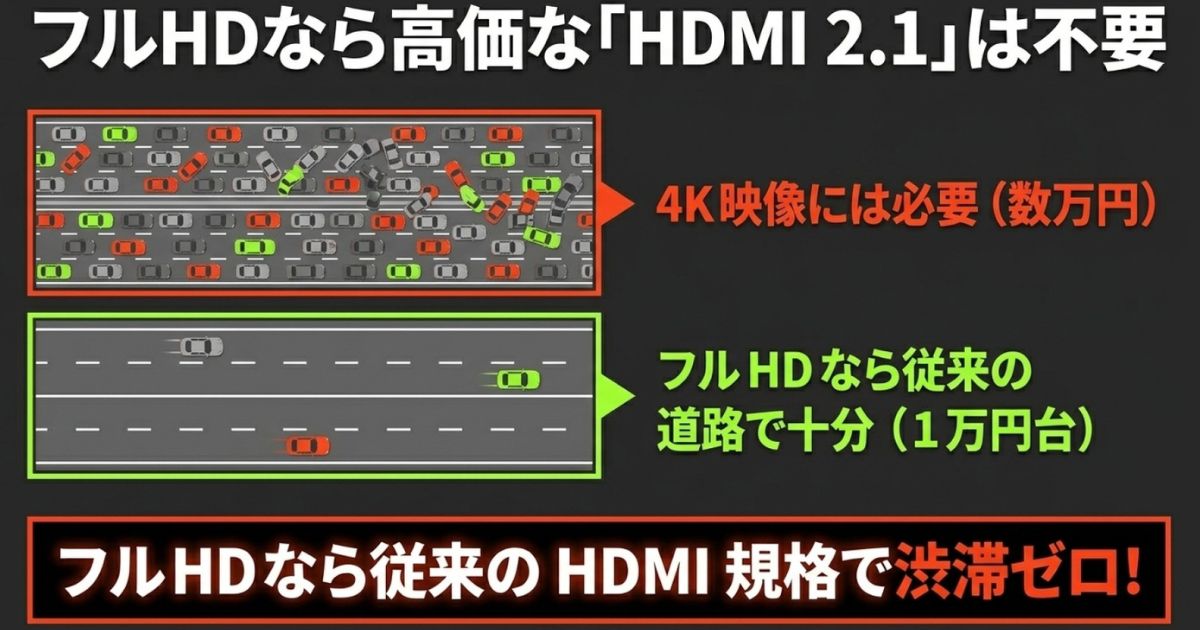 4K映像には高価なHDMI 2.1が必要だが、フルHDなら従来のHDMI規格の帯域幅で十分に120fpsを出力できることを車の渋滞に例えた図画像