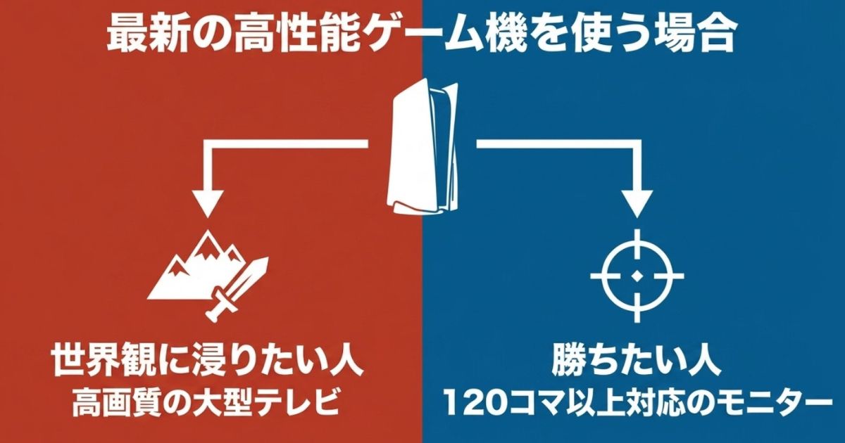 最新の高性能ゲーム機を使う場合の選び方。世界観に浸りたい人は高画質の大型テレビ、勝ちたい人は120コマ以上対応のモニターが適していることを示す図です。