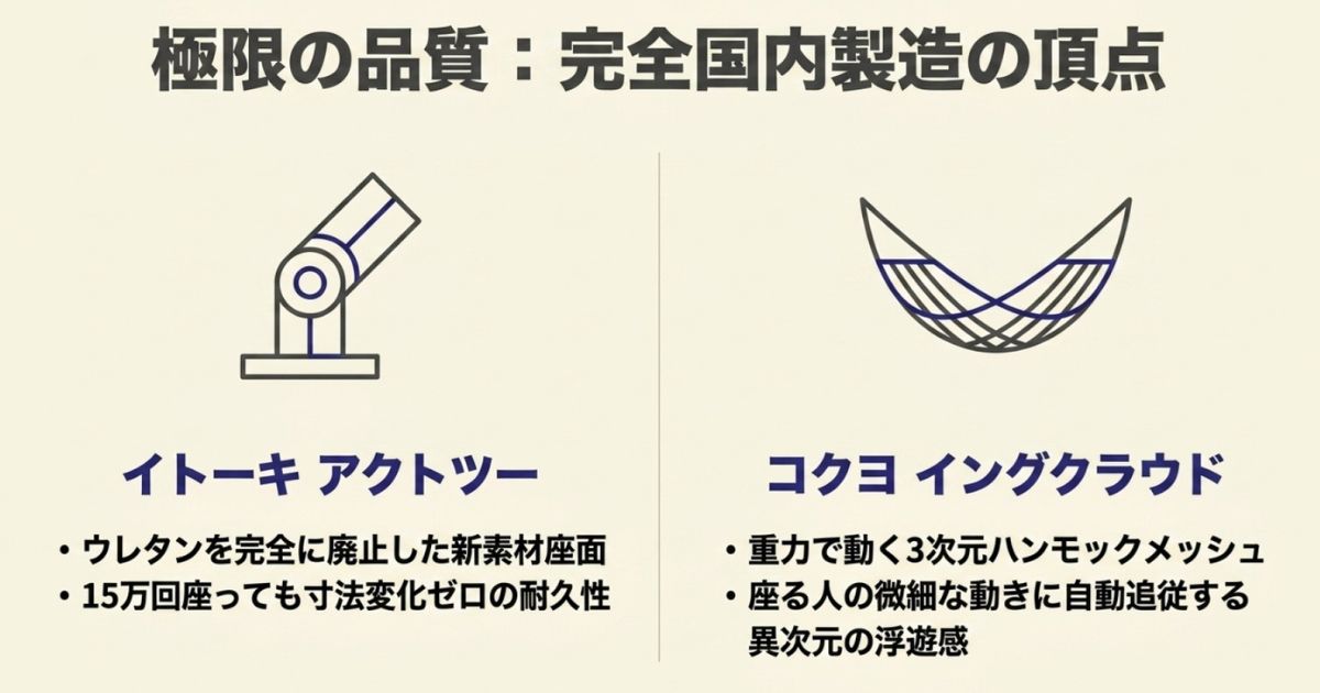チェアの可動部を示す図解。ウレタンを廃止したイトーキ アクトツーと、3次元ハンモックメッシュのコクヨ イングクラウドの特徴解説