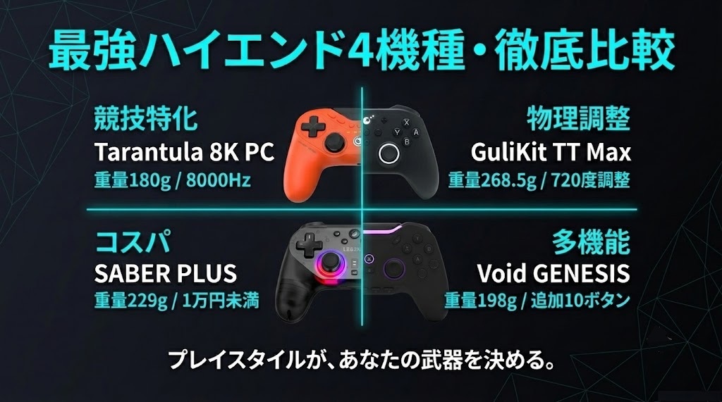 競技特化のTarantula 8K PC、コスパのSABER PLUS、物理調整のGuliKit TT Max、多機能のVoid GENESISの4機種をまとめた比較スライド