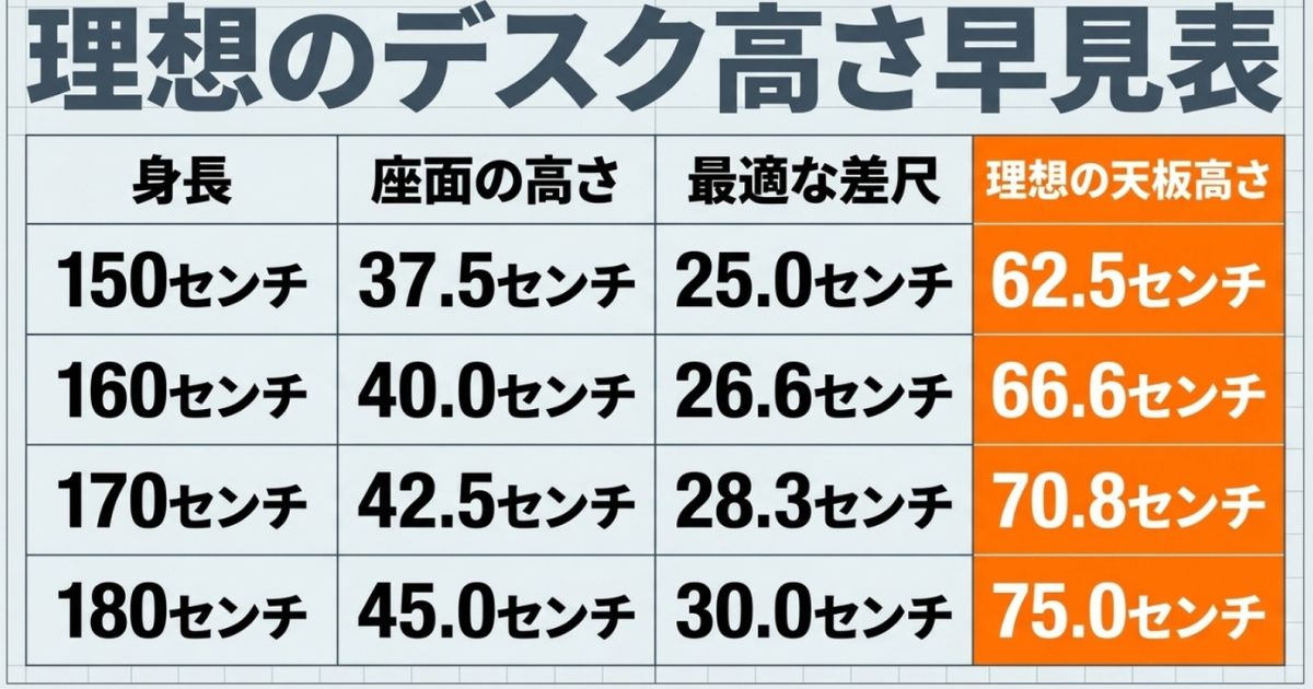 身長別の座面の高さ、差尺、理想の天板高さがわかる早見表
