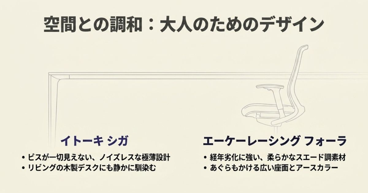 空間との調和と大人のためのデザイン。ノイズレスなイトーキ シガと、スエード調素材のAKRacing フォーラの特徴解説