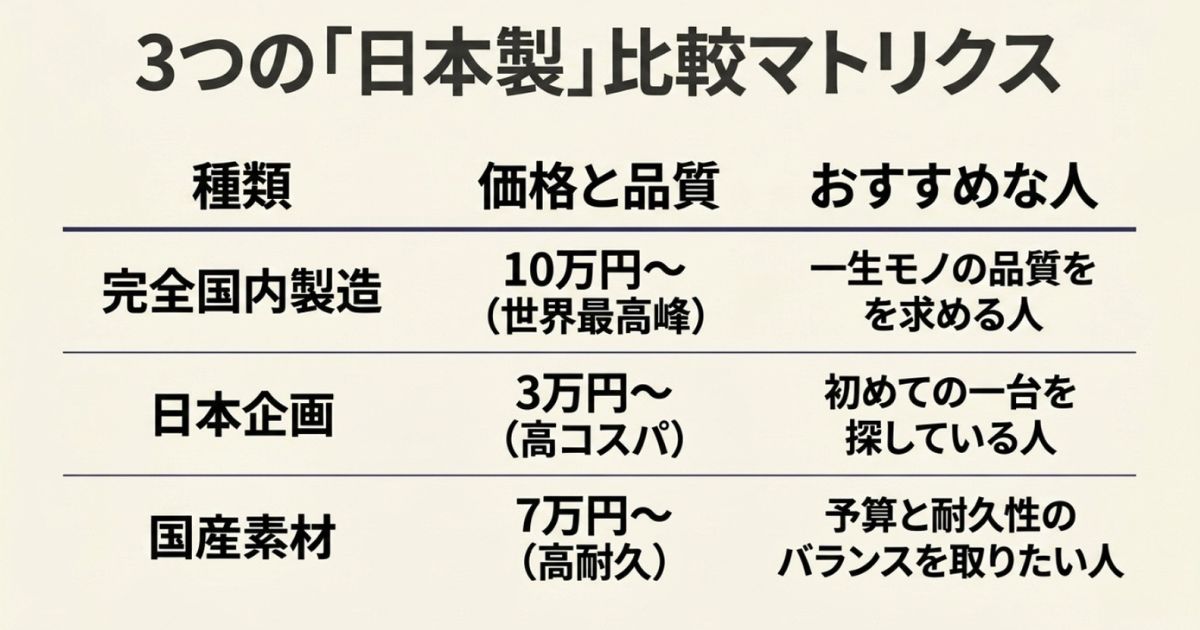 完全国内製造、日本企画、国産素材の価格・品質・おすすめな人を比較したマトリクス表