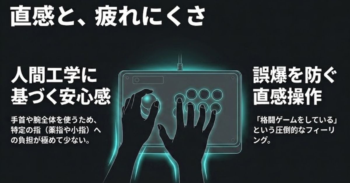 レバー式は手首や腕全体を使うため特定の指への負担が少なく、直感操作で誤爆を防ぐ
