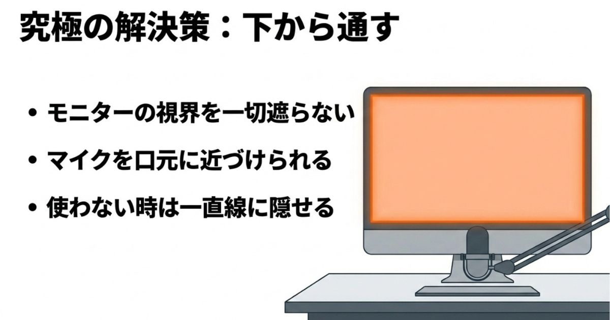モニター下からマイクアームを通すことで視界を遮らず、口元に近づけられるメリットの図解