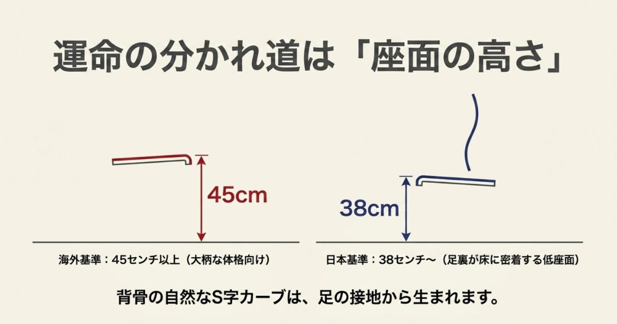 座面高38cmの図解。海外基準の45cm以上と日本基準の38cmからの比較。背骨の自然なS字カーブは足の接地から生まれることの解説