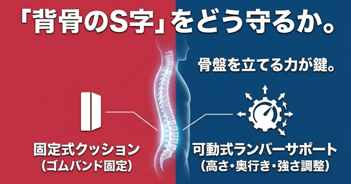 ゲーミングチェアの固定式クッションと、オフィスチェアの可動式ランバーサポートによる骨盤を立てる力の違いを示す図