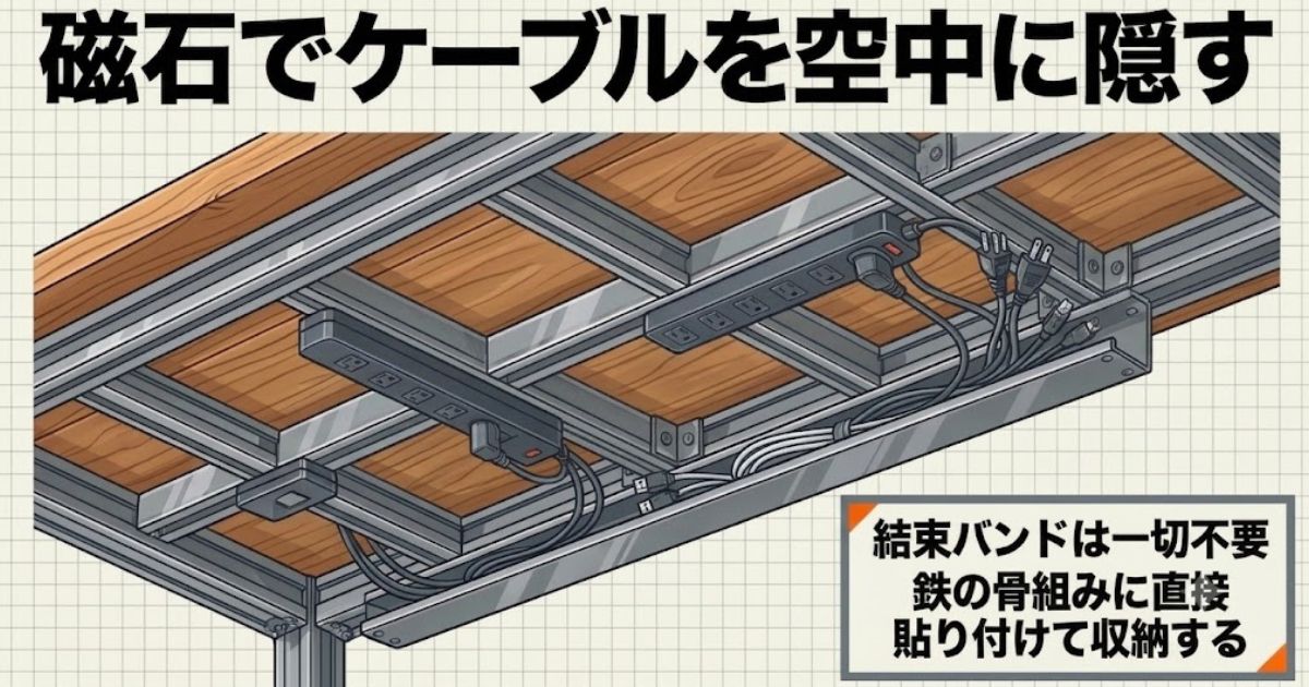 結束バンドを使わず鉄の骨組みに直接貼り付けるマグネット配線収納術