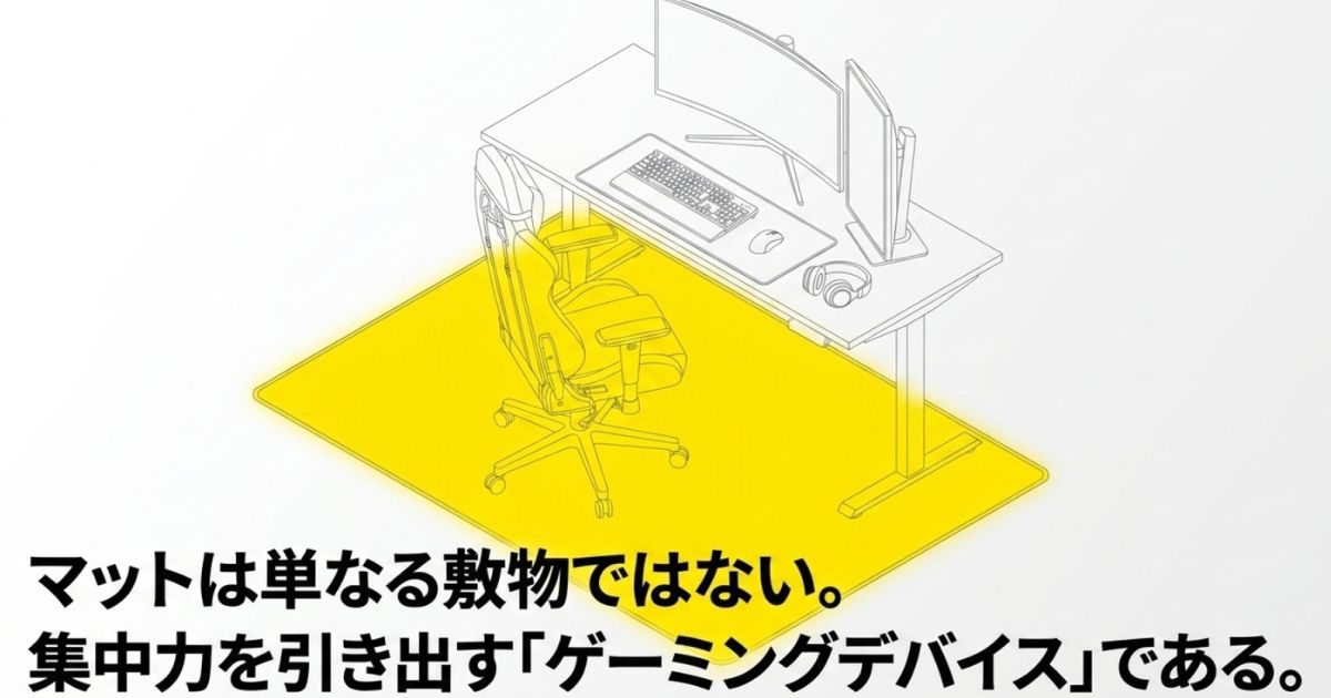 マットは単なる敷物ではない。集中力を引き出す「ゲーミングデバイス」であるというメッセージとデスク環境のイラスト。